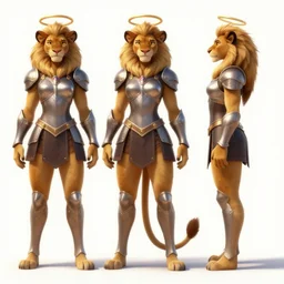 beautiful full body character reference sheet with front, back and side profiles of a strong female anthropomorphic lioness fursona wearing halo spartna armor. character design by disney, anime, manga, charlie bowater, ross tran, artgerm, and makoto shinkai, detailed, soft lighting, rendered in octane