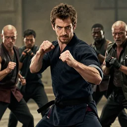A portrait of Andrew Garfield using his Wing Chun skills to defeat a group of baddies. Photo realistic, high detail