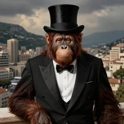 a orangutan wearing a top hat monaco and luxurious black tuxedo by leonardo da vinci