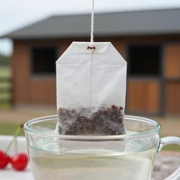 Wish horse stable teabag in a tcup. Great value stable shaped cherry flavoured teabags. Great for horse lovers. Photograph of a teabag brewing in water, dslr, hd, award winning shot.