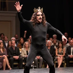 Frank Zappa in a leotard and a crown performs the role of Richard III in award-winning modern dress production of Richard III in front of a live audience, action shot, yowza yowza yowza