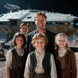 extremely sharply detailed, scan from blockbuster 9 6 k sci fi color movie freeze frame, set 1 8 6 0, family standing in front of crashed spaceship, on alien planet, looking happy, wearing 1 8 5 0 s era clothes, atmospheric lighting, in focus, reflective eyes, - 9 9 9 mm macro lens, live action, nice composition and photography, clear facial details
