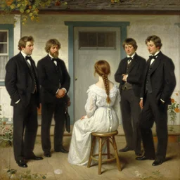 painting by frederic edwin church, balaskas christoper, conrad roset, coby whitmore, and chie yoshii. of a beautiful girl sitting on a stool facing away from viewer in bungalow
