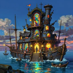 steampunk, port, stained glass water, glowing lights, epic fantasy, colorfully, digital art, highly saturated colors, concept art, detailed illustration, hd, 4 k, digital art, greg rutkowski, dan mumford, studio ghibli trending on artstation