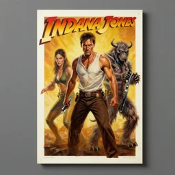 1 9 8 6 poster for indiana jones vs monsters. oil on canvas. print.