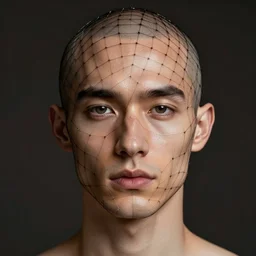 bald man with spider net around head and face