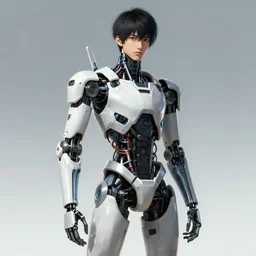 wide shot portrait of a young male japanese cyberpunk android with robot and cyborg parts, artwork by adolph menzel, odeo 8 0 8 production design