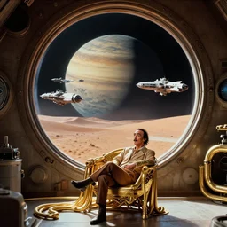 background : a huge porthole in which space is visible, planet arrakis, spaceships | foreground : dali sitting on gold chair with many gold pipes | from the movie by alejandro jodorowsky with cinematogrophy of christopher doyle and art direction by hans giger, anamorphic lens, kodakchrome, 8 k