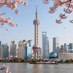 a futuristic shanghai, full of sakura, high resolution ， highly detailed