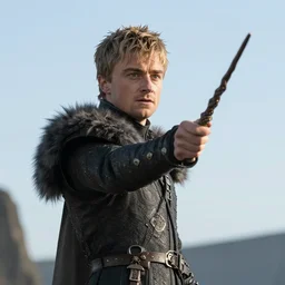 daniel radcliffe as gelthinors in game of thrones, holding out a wand, live action film, cinematic photo, clear hd image