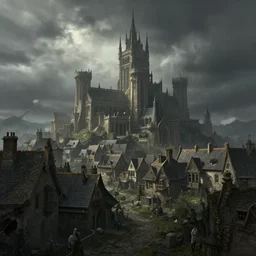 extreme long shot concept art depicted old english majestic town, dramatic mood, overcast mood, dark fantasy environment, detailpunk, art inspired by league of legends and arcane, style by paulus decker, jason engle, jordan grimmer, trending on artstation, unreal engine, golden ratio, spectacular composition, realistic architecture