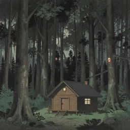 giant forest with single wooden cabin, made by Kawase Hasui in unkiyo-e style in disturbing and gloomy atmosphere in Junji Ito style with vibes of Joe Fenton, H. R. Giger, M. C. Escher, Z. Beksinski