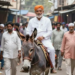 portrait of arvind kejriwal riding a donkey in a crowded delhi market