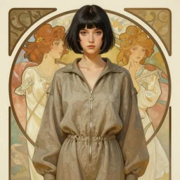 portrait of a young woman by greg rutkowski, alphonse mucha and ayami kojima, she is about 2 0 years old, mixture between russian and japanese, pretty, black bob hair with two strands around her face, very tall and slim, wearing a oversized jumper jumpsuit, highly detailed portrait, digital painting, artstation, concept art, smooth, sharp foccus ilustration, artstation hq