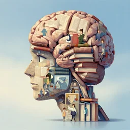 a figure constructing a mind made of brain, books, people piece by piece, artwork by makoto shinkai, kim jung gi, leonardo davinci, mc escher, moebius, cyberpunk