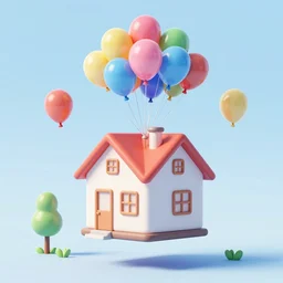 house floating through the sky being lifted by multi - color balloons, trees in foreground, film grain, panasonic lx 5, 2 0 0 0 s photo