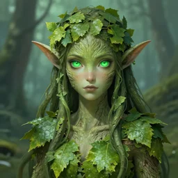 A realistic anime portrait of a beautiful dryad with glowing green eyes and tree bark skin wearing clothes made of leaves from Skyrim, digital painting, by Stanley Artgerm Lau, Sakimichan, WLOP and Rossdraws, digtial painting, trending on ArtStation, SFW version