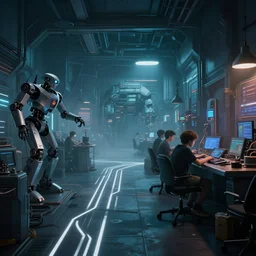 interior shot, still from ready player one, teenager hangout spot, scifi robot repair workshop, darksynth, illuminated lines, outrun, vaporware misty, wlop, katsuhiro otomo, james paick, unreal engine 5, cinematic lighting, 8 k