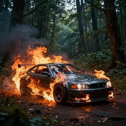 { cyberpunk car on fire in the middle of the woods }, stylized, artgerm, artstation, hd, cgsociety, cgi, realistic, dramatic, cinematic, artistic, trending, detailed