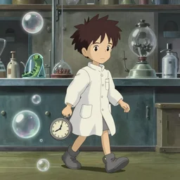 studio ghibli dull colors interior simple portrait cartoon from close encounters of the third kind 1 9 7 7 of a young skinny grey pocketwatch scientist walking in a laboratory snake bubble.