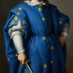 highly detailed painting of the french king, he is wearing a blue robe with yellow stars across it, he is holding a sword, 4 k resolution, by jaquis luis david, visible paint layers, renaissance.