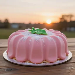 A photo of a swedish princess cake from the side on a wooden table, covered with pink marzipan, some powder sugar and a green marzipan leaf in the center. Sunset. 4K. 8K Cinematic lighting. High detail. Realistic. Delicious.