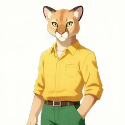 fursona character portrait of an albino mountain lion wearing a yellow button-down shirt and green slacks. hidari, color page, tankoban, 4K, tone mapping, Akihiko Yoshida.