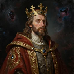 “an oil painting portrait of a man wearing medieval royal robe and an ornate crown on a dark nebula background” digital Art, concept Art, highly detailed, 3-D 4K, trending on art station, Award winning, Mark Brooks,