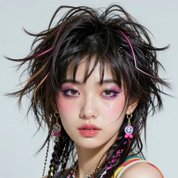 japanese model with maximalist hair style and makeup, bright colors, fashion mode, portrait, gliter, depth of field, 8 k, hyper detailed, intricate, trending on artstation