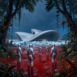 scientists in a silver suit in the jungle flooded with red blood, soft blue hue uder glow to the leaves, rain falling, vines, by arthur haas by james gilleard and laurie greasley, textured, cinematic matte painting, zaha hadid building, photo realism, dark moody color palate, blue hour stars, desolate glacial landscape,