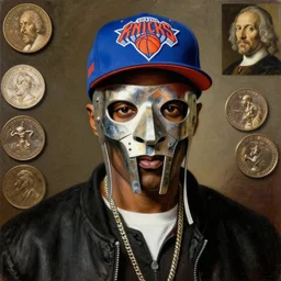 high quality celebrity painting of mf doom in a gladiator mask, rap artist mf doom in a ny knicks hat, mf doom portrait by the old dutch masters, 1 0 ¢ pieces in background, rembrandt, hieronymous bosch, frans hals