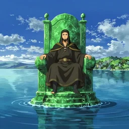 a lone emperor sitting on a emerald throne floating on water in the middle of a lake drawn by Makoto Yukimura in the style of Vinland saga anime, full color, detailed, psychedelic, Authority, structure
