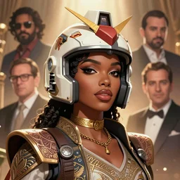 portrait cartoon manga anime render of a strikingly gorgeous moroccan 👩🏿, wearing an intricate gundam pilot helmet, rossdraws, artgerm, norman rockwell, emiliano ponzi, epic composition, hd, octane, unreal engine, volumetric lighting, light rays, masterpiece, award - winning