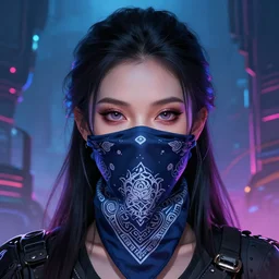 closeup portrait shot of cyber a beautiful girl wearing a bandana mask in a scenic dystopian neon environment, intricate, elegant, highly detailed, centered, digital painting, artstation, concept art, smooth, sharp focus, illustration, artgerm, tomasz alen kopera, peter mohrbacher, donato giancola, joseph christian leyendecker, wlop,