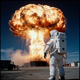 shot on kodachrome, single subject, giant american spacesuit astronaut watching atomic bomb shockwave explosion, cinematic focus