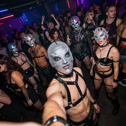 selfie at a provocative techwear packed busy rundown nightclub, lots of people, males and females breakdancing, variety of sharp sparkly creepy masks, harnesses and garters, retrofuturism, brutalism, cyberpunk, sigma 8 5 mm f / 1. 4, 1 5 mm, 3 5 mm, tilted frame, long exposure, 4 k, high resolution, 4 k, 8 k
