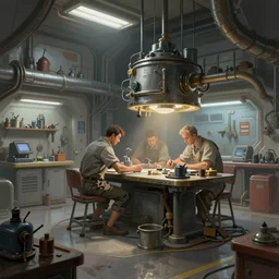 an illustration of a mechanics workshop. interior. science fiction art. moebius. futuristic. high detail. digital painting.