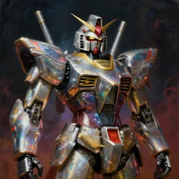 a baroque neoclassicist close - up renaissance portrait of an iridescent 1 8 0 0 s gundam mecha king with glowing eyes. reflective detailed textures. glowing colorful fog, dark background. highly detailed fantasy science fiction painting by moebius, norman rockwell, frank frazetta, and syd mead. rich colors, high contrast. artstation