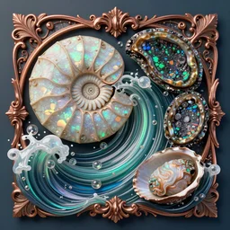Art Nouveau cresting oil slick waves, hyperdetailed bubbles in a shiny iridescent oil slick wave, ammolite, druzy, detailed giant opalized ammonite shell, black opal, abalone, paua shell, ornate copper patina medieval ornament, rococo, organic rippling spirals, octane render, 8k 3D, druzy geode, cresting waves and seafoam