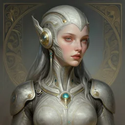 A full portrait of a beautiful post apocalyptic offworld techsiren, intricate, elegant, highly detailed, digital painting, artstation, concept art, smooth, sharp focus, illustration, art by Krenz Cushart and Artem Demura and alphonse mucha