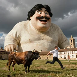 giant screaming bob ross running from the bulls in pamplona spain