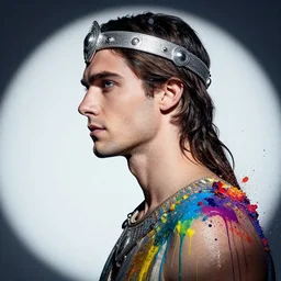 a druid wearing a gleaming silver circlet, side portrait, striking, defiant, spotlight, paint drips, paint splatter, vibrant colors, beautiful eyes, by marco paludet and gianni strino and marion bolognesi