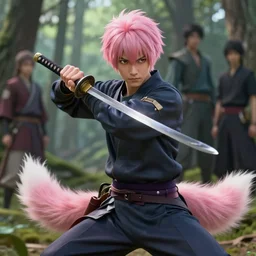 a beautiful portrait of a handsome anime male boy with pink hair and pink wolf tail wearing a ninja outfit and holding a katana in battle position in the forest. character design by cory loftis, fenghua zhong, ryohei hase, ismail inceoglu and ruan jia. artstation, volumetric light, detailed, photorealistic, fantasy, rendered in octane