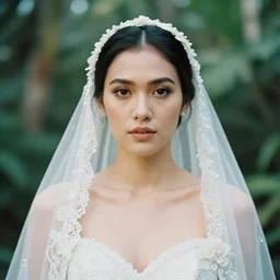 portrait of the ghost of lindsey pelas wearing marriage gown in bali, by charlotte grimm, natural light, detailed face, beautiful features, symmetrical, canon eos c 3 0 0, ƒ 1. 8, 3 5 mm, 8 k, medium - format print,