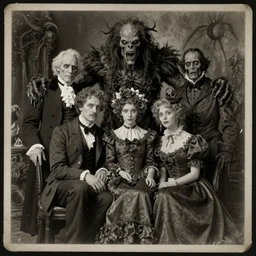 vintage photograph monochrome plate, monstrous mutant victorian family of cenobite people posing with lovecraftian entities, distressed old photo, slight sepia tone