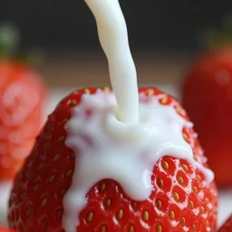 a close up photo of milk pouring over a strawberry, macro, highly detailed,