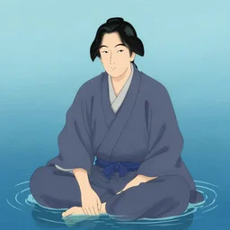 a person sitting in a body of water, a character portrait by kano sansetsu, pixiv contest winner, fantasy art, official art, anime aesthetic, tarot card, lily pads