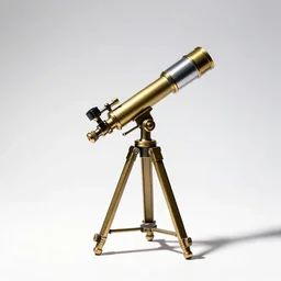 miniature telescope on brass tripod, studio product photography, isolated on a pure white background, centered, entire object in frame, sharp focus, soft studio lighting
