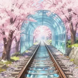 tunnel of love, sakura, liquid glass railway, by shunji dodo, 8 k resolution, high quality