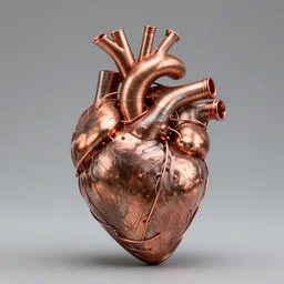 photo of a beautiful organic sculpture made of copper wires and pipes in the shape of a human heart. studio lighting, high resolution